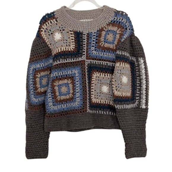 SEA New York Farrah Crochet Sweater Womens Size XS Brown Blue Wool Alpaca Crop - Picture 2 of 12